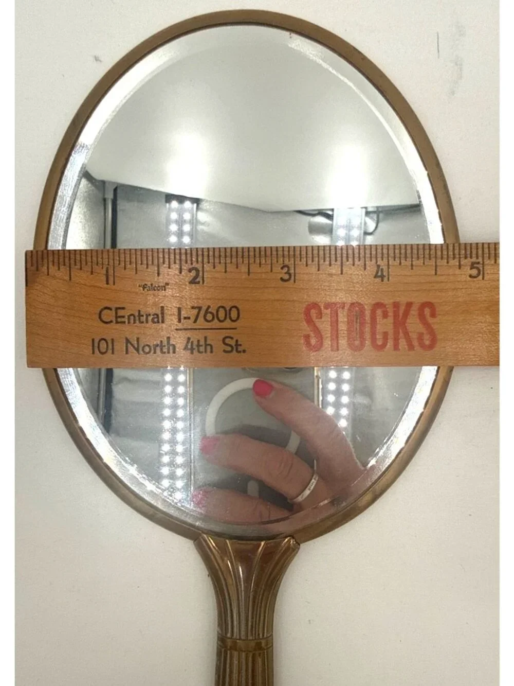 Vintage Handheld Vanity Mirror With Gold Floral Design & Green Enamel Back